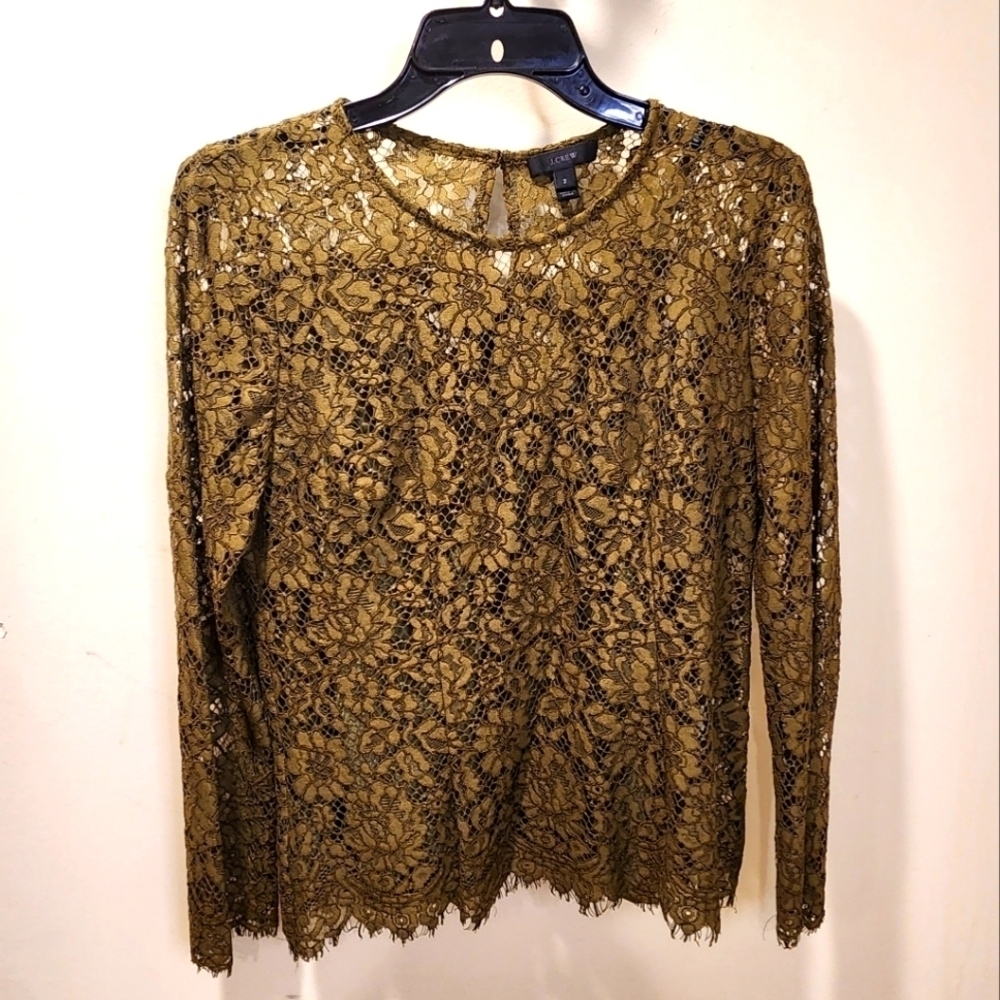 J CREW olive green lace top with built in cami size 2
